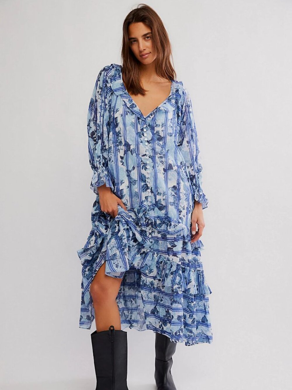 Free People Garden Wonders Blue Floral Ruffle Maxi Dress L